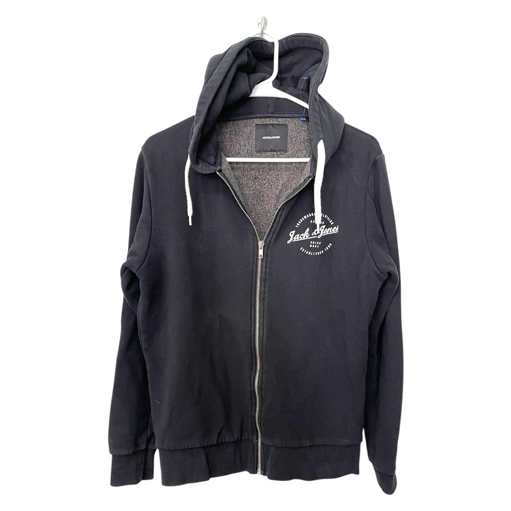 Jack & Jones Medium Black Full Zip Sweatshirt Hoodie Fleece Lined Graphic